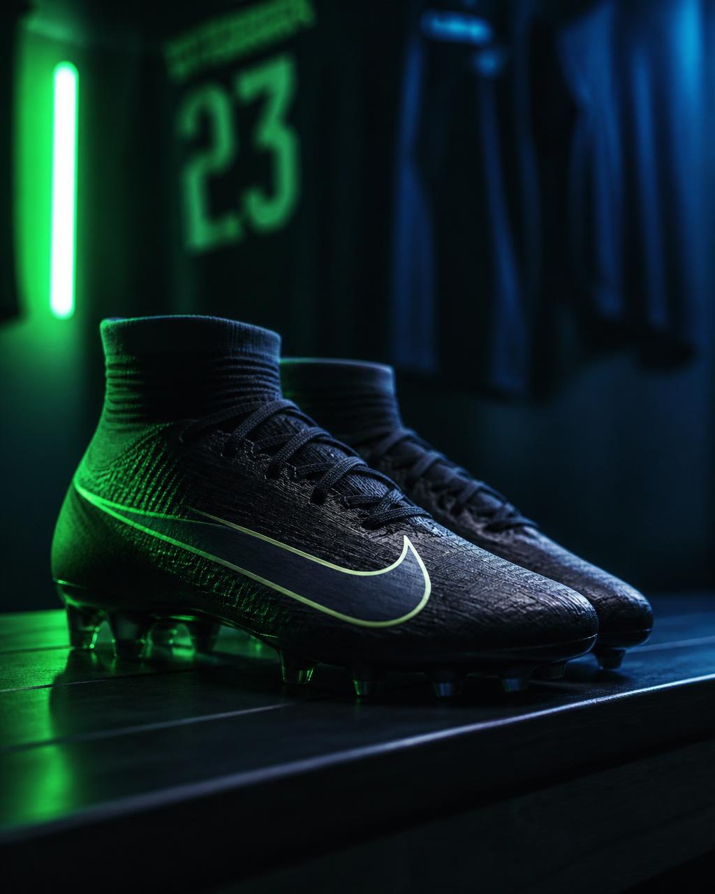 Premium football cleats in a neon-lit locker room
